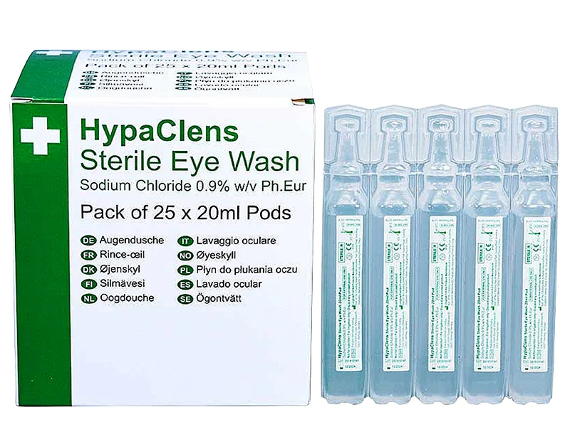 Emergency eye wash station with 500ml saline bottles, 20ml pods, and eye pads