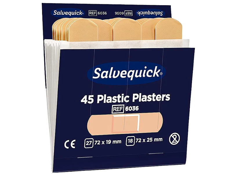 Boxed washproof, stretch fabric, and blue detectable catering plasters