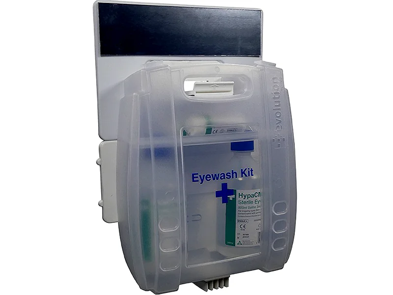Wall mounted eye wash station with 500ml sterile saline bottles and mirror